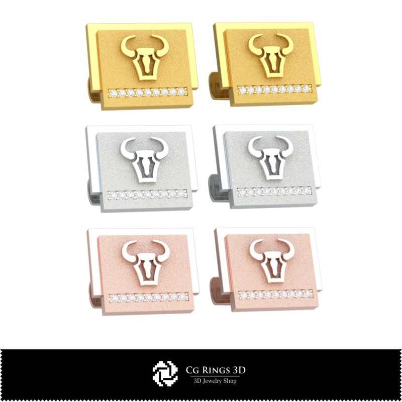 Gemelli da polso 3D a tema Toro zodiacale Casa, Gioielli CAD 3D, Gemelli CAD 3D, Gemelli con chiusura posteriore a balena 3D
