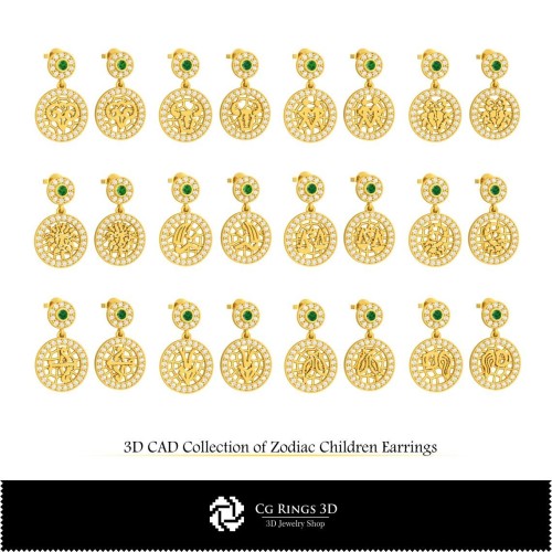 Collection 3D de boucles d'oreilles enfants du zodiaque, Bijoux 3D CAO, Collections de bijoux 3D CAO