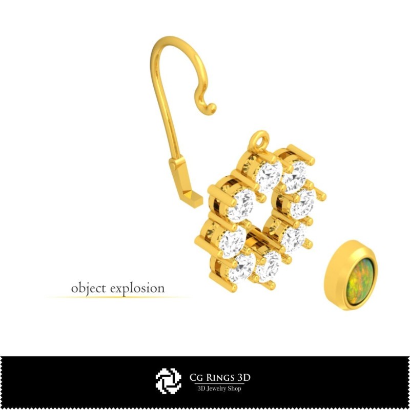 3D CAD 蛋白石耳环 家居, 珠宝 3D CAD, 耳环 3D CAD, 3D 垂落耳环, 3D 蛋白石耳环