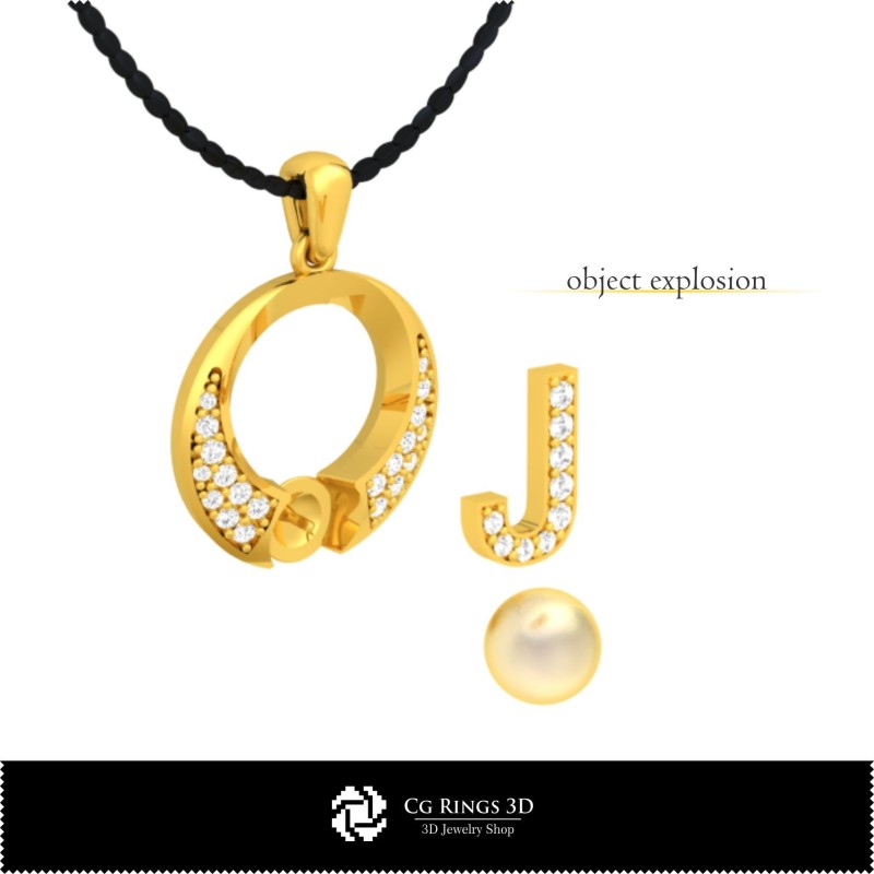 3D CAD 珍珠 J 字母吊坠, 珠宝 3D CAD, 吊坠 3D CAD, 3D 字母吊坠, 3D 珍珠吊坠