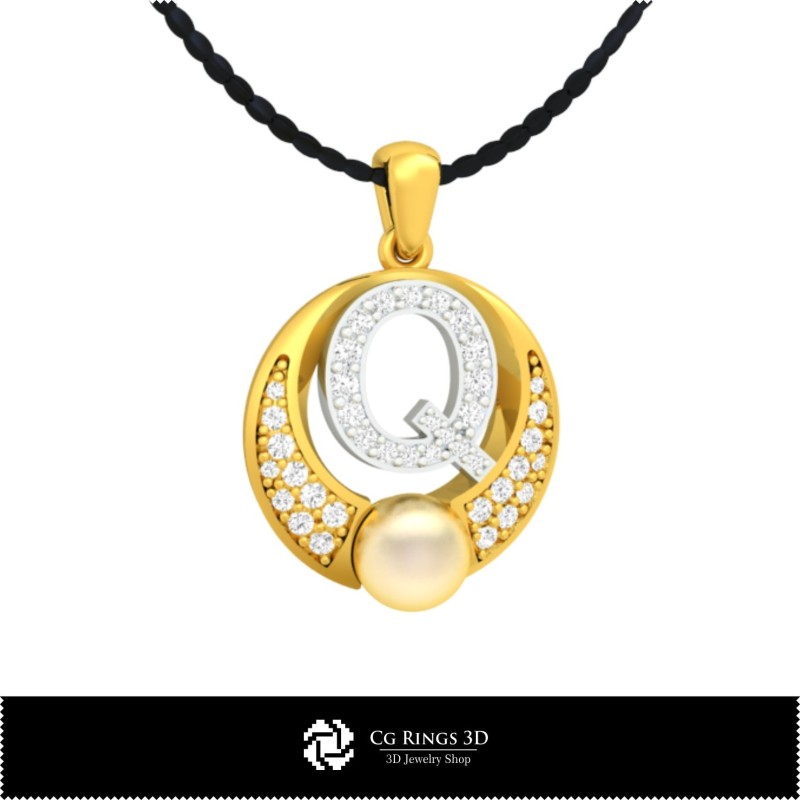 3D CAD 珍珠字母 Q 吊坠，珠宝 3D CAD，吊坠 3D CAD，3D 字母吊坠，3D 珍珠吊坠