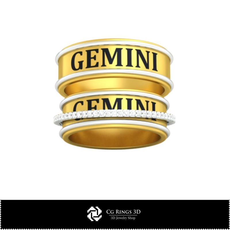 Anillo de boda 3D CAD con hogar del zodíaco Géminis, Joyería 3D CAD, Anillos 3D CAD, Alianzas 3D