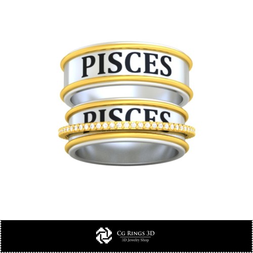 Anillo de boda 3D CAD con el hogar del zodiaco Piscis, Joyería 3D CAD, Anillos 3D CAD, Alianzas de boda 3D