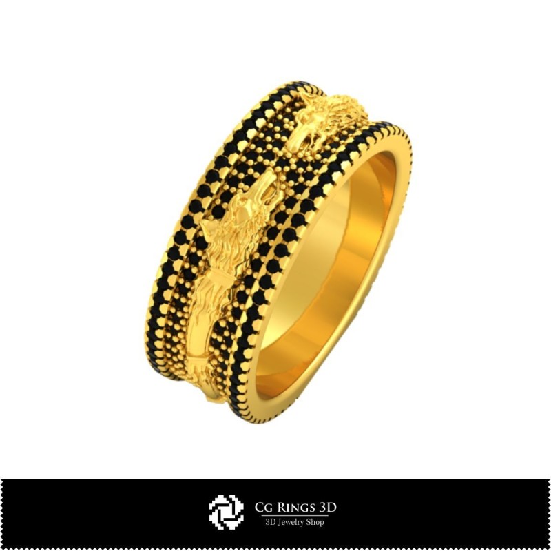 Anello nuziale 3D CAD con lupo dacico e casa, gioielleria 3D CAD, anelli 3D CAD, gioielli vintage 3D CAD, fedi nuziali 3D,