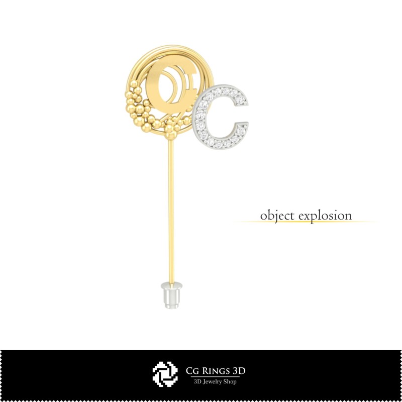 Spilla 3D con lettera C Casa, Gioielleria CAD 3D, Spille CAD 3D, Spilla a bastoncino 3D