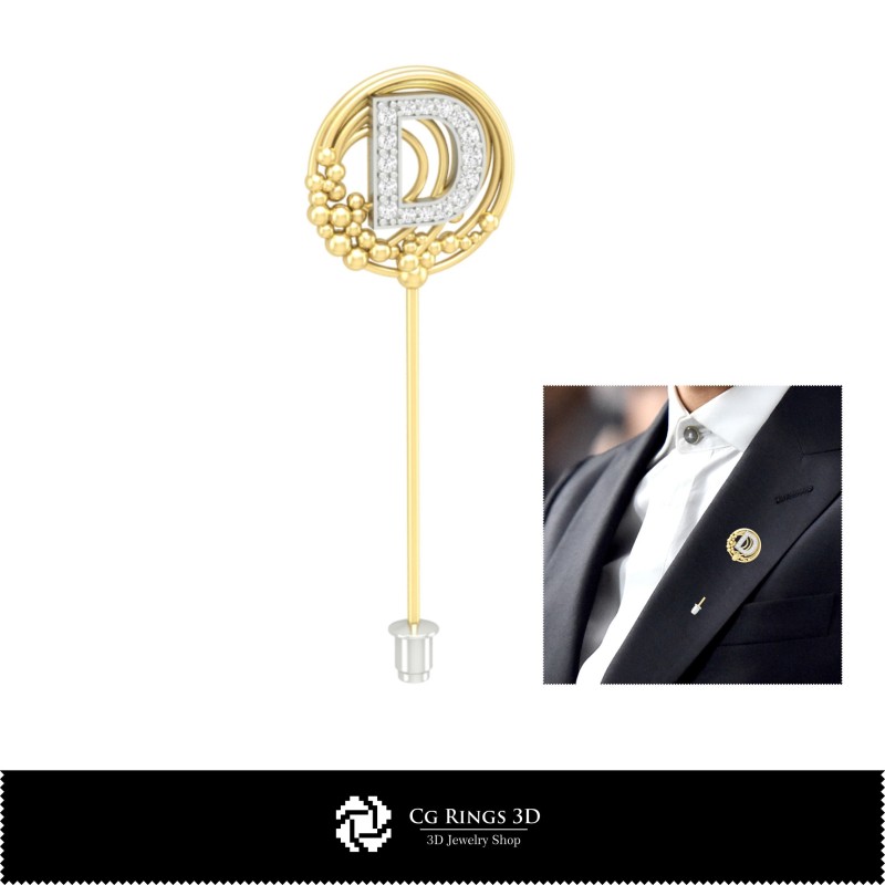 Broche 3D avec lettre D Maison, Bijoux CAO 3D, Broches CAO 3D, Broche épingle 3D