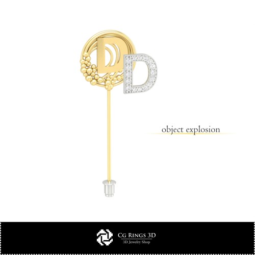 Broche 3D con letra D para el hogar, Joyería 3D CAD, Broches 3D CAD, Alfiler de solapa 3D