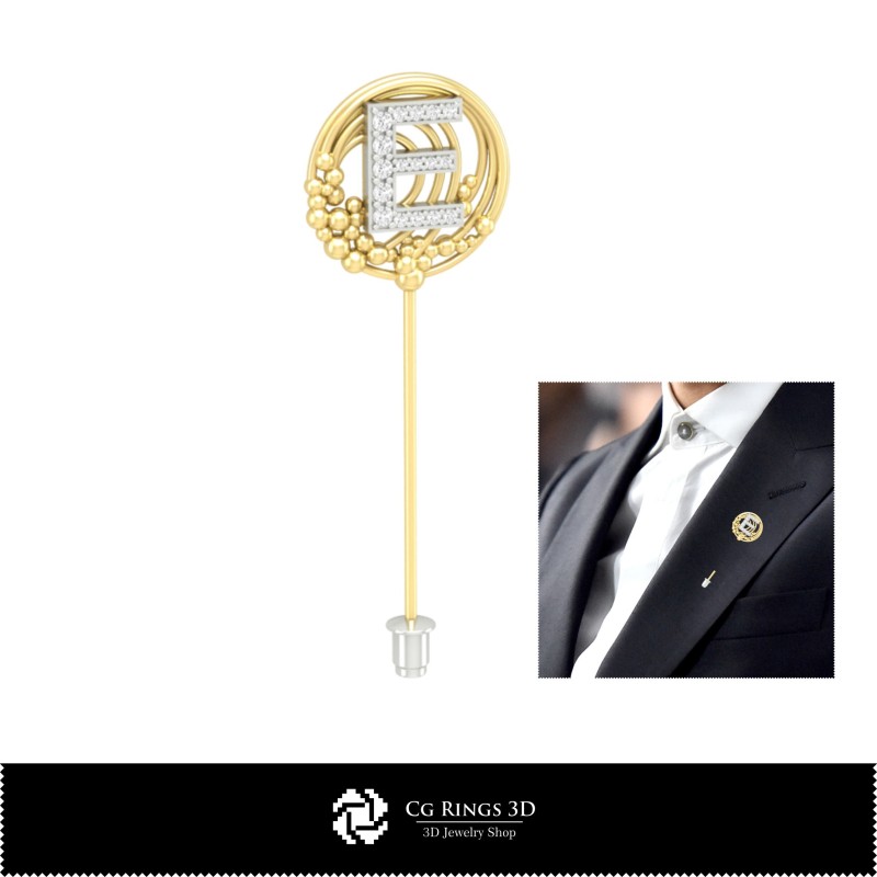 Broche 3D con letra E para el hogar, Joyería CAD 3D, Broches CAD 3D, Alfiler de broche 3D