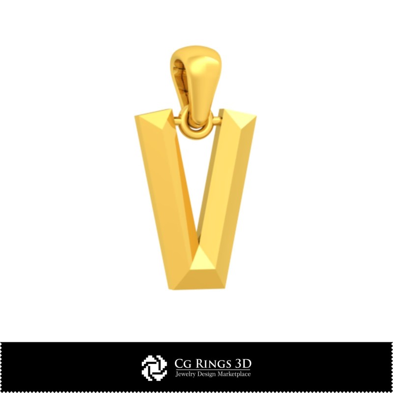 3D 字母 V 吊坠（家居风格）、珠宝 3D CAD、吊坠 3D CAD、3D 字母 吊坠