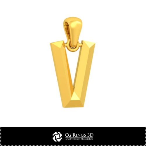 3D 字母 V 吊坠（家居风格）、珠宝 3D CAD、吊坠 3D CAD、3D 字母 吊坠