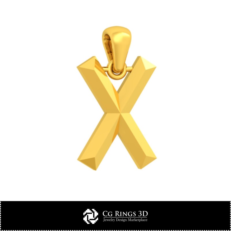 带字母X的3D CAD家居吊坠，珠宝3D CAD，吊坠3D CAD，3D字母吊坠
