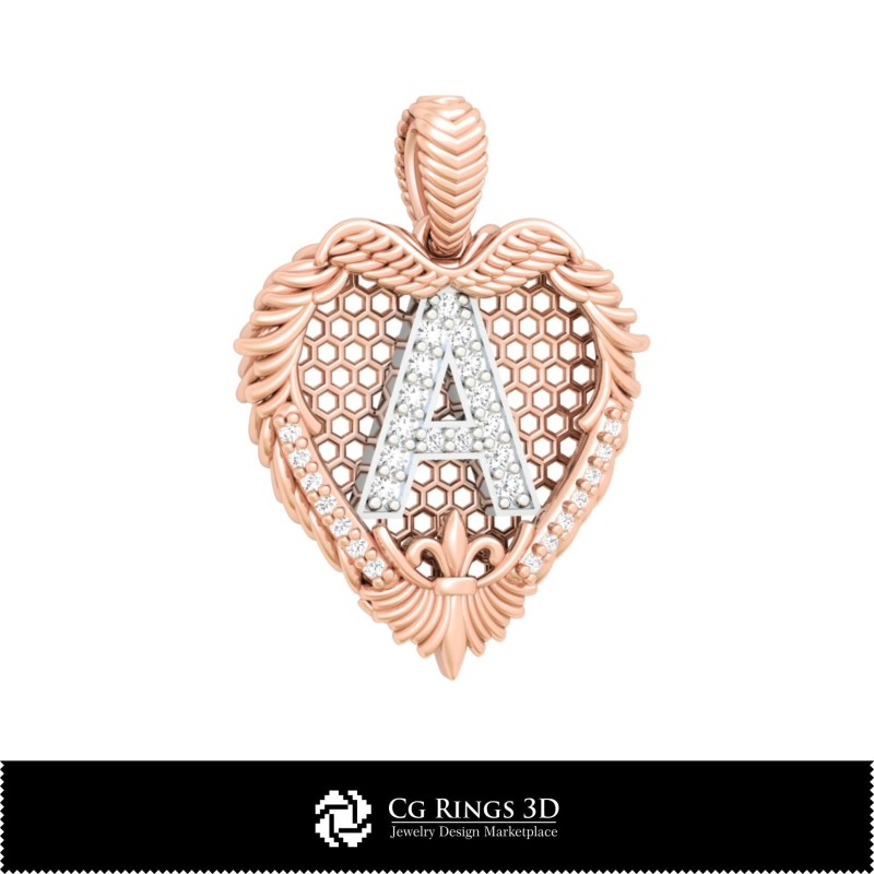 带字母A家居的3D CAD吊坠，珠宝3D CAD，吊坠3D CAD，复古珠宝3D CAD，3D钻石吊坠，3D字母吊坠