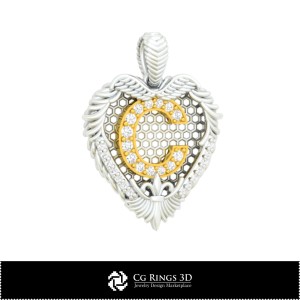 字母 C 家居 3D CAD 吊坠，珠宝 3D CAD，吊坠 3D CAD，复古珠宝 3D CAD，3D 钻石吊坠，3D 字母吊坠 2