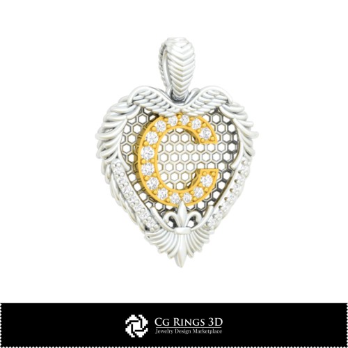 字母 C 家居 3D CAD 吊坠，珠宝 3D CAD，吊坠 3D CAD，复古珠宝 3D CAD，3D 钻石吊坠，3D 字母吊坠