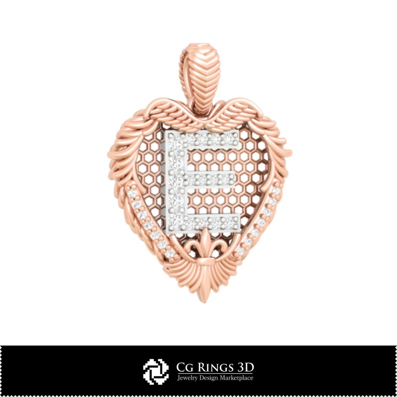 带字母 E 的 3D CAD 吊坠，家居，珠宝 3D CAD，吊坠 3D CAD，复古珠宝 3D CAD，3D 钻石吊坠，3D 字母 Pe