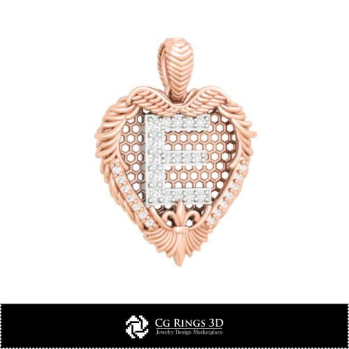 带字母 E 的 3D CAD 吊坠，家居，珠宝 3D CAD，吊坠 3D CAD，复古珠宝 3D CAD，3D 钻石吊坠，3D 字母 Pe