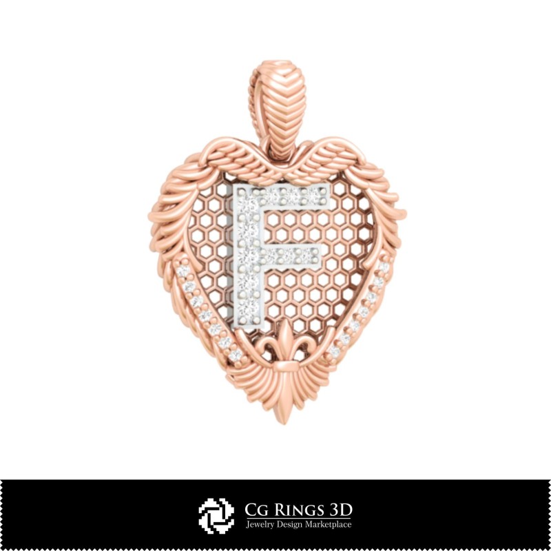 Ciondolo 3D CAD con lettera F Casa, Gioielli 3D CAD, Ciondoli 3D CAD, Gioielli vintage 3D CAD, Ciondoli con diamante 3D,