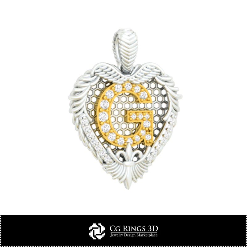 带字母 G 的 3D CAD 吊坠（家用）、珠宝 3D CAD、吊坠 3D CAD、复古珠宝 3D CAD、3D 钻石吊坠、3D 字母吊坠