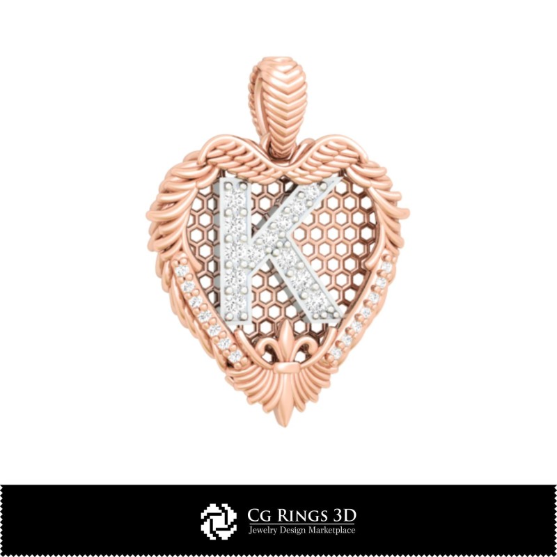 带字母 K 的 3D CAD 吊坠，家居，珠宝 3D CAD，吊坠 3D CAD，3D 字母吊坠