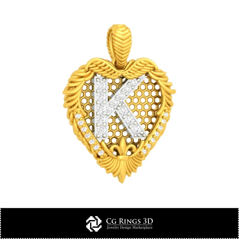 带字母 K 的 3D CAD 吊坠，家居，珠宝 3D CAD，吊坠 3D CAD，3D 字母吊坠