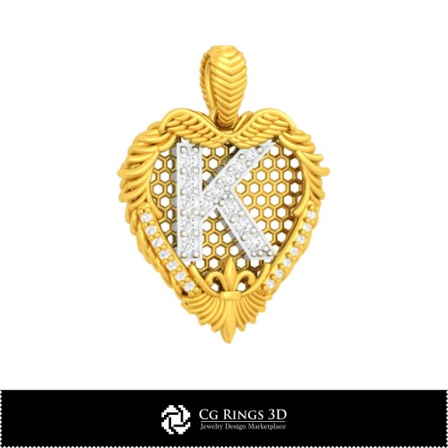 带字母 K 的 3D CAD 吊坠，家居，珠宝 3D CAD，吊坠 3D CAD，3D 字母吊坠