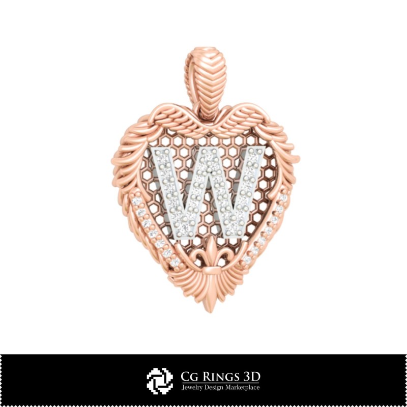 字母 W 吊坠 - 3D CAD 家居, 珠宝 3D CAD, 吊坠 3D CAD, 3D 字母 吊坠