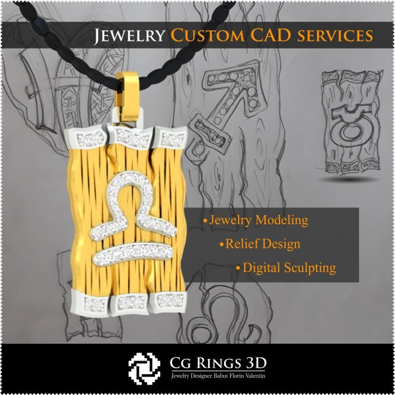 Waage-Zodiac-Anhänger - 3D-CAD-Design, Schmuck-3D-CAD, Anhänger-3D-CAD, 3D-Diamantanhänger, 3D-Zodiac-Anhänger