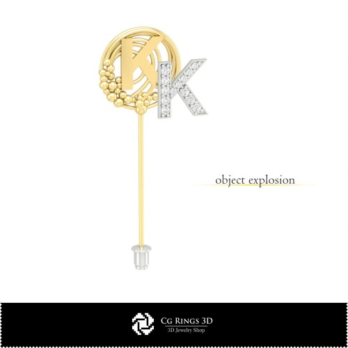 Brosă 3D cu litera K pentru casă, Bijuterii 3D CAD, Broșe 3D CAD, Ace de cravată (stick pin) 3D