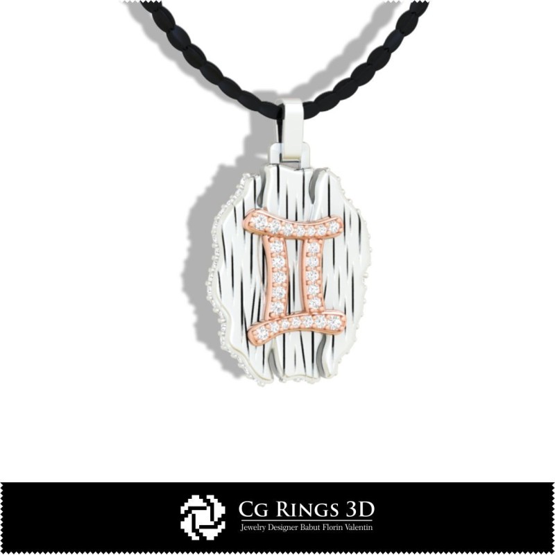 双子座星座吊坠 - 3D CAD 家居，珠宝 3D CAD，吊坠 3D CAD，复古珠宝 3D CAD，3D 星座吊坠，3D 复古摩