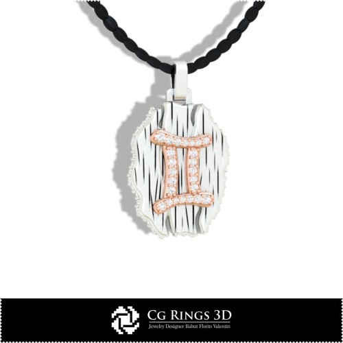 双子座星座吊坠 - 3D CAD 家居，珠宝 3D CAD，吊坠 3D CAD，复古珠宝 3D CAD，3D 星座吊坠，3D 复古摩