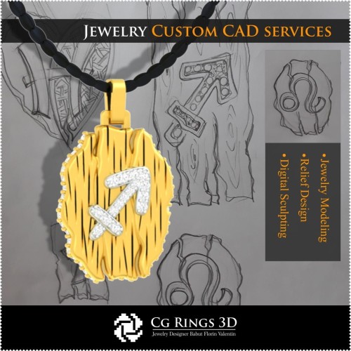 射手座星座吊坠 - 3D CAD 家居，珠宝 3D CAD，吊坠 3D CAD，复古珠宝 3D CAD，3D 星座吊坠，3D 复古