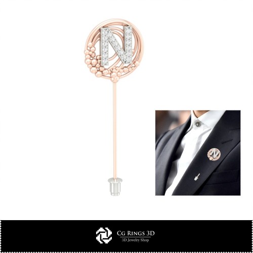 Brosă 3D cu literă N pentru casă, bijuterii 3D CAD, broșe 3D CAD, pin de brosă 3D