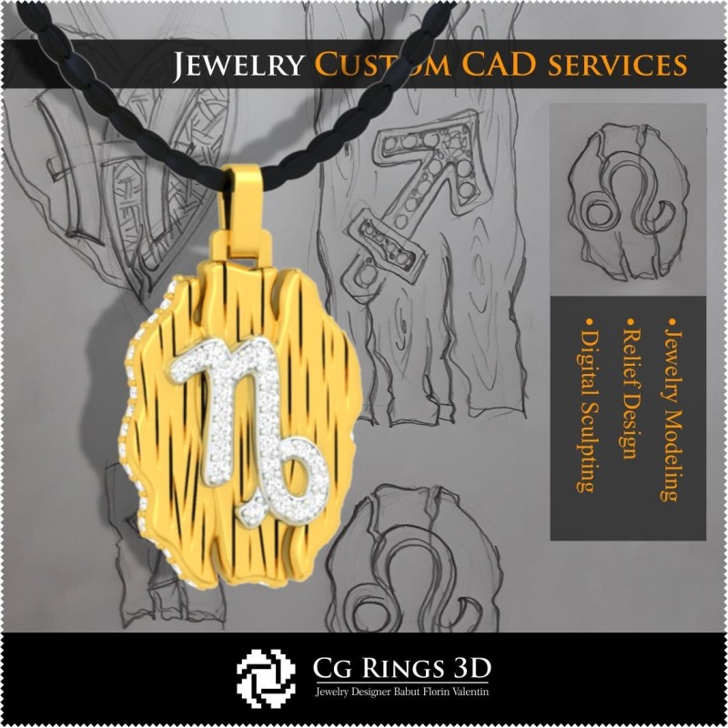 摩羯座星座吊坠 - 3D CAD 家居，珠宝 3D CAD，吊坠 3D CAD，复古珠宝 3D CAD，3D 星座吊坠，3D 复古