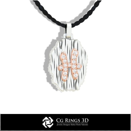 双鱼座星座吊坠 - 3D CAD 家居, 珠宝 3D CAD, 吊坠 3D CAD, 复古珠宝 3D CAD, 3D 钻石吊坠, 3D 星座