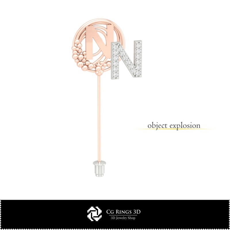 Spilla 3D con lettera N per casa, Gioielli CAD 3D, Spille CAD 3D, Spilla a bastoncino 3D