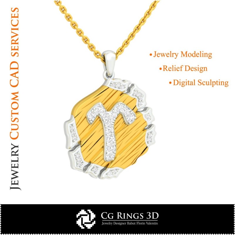 白羊座生肖吊坠 - 3D CAD 家居, 珠宝 3D CAD, 吊坠 3D CAD, 复古珠宝 3D CAD, 3D 生肖吊坠, 3D 复古风格