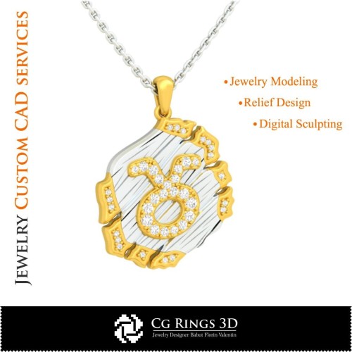 金牛座星座吊坠 - 3D CAD 家居, 珠宝 3D CAD, 吊坠 3D CAD, 复古珠宝 3D CAD, 3D 星座吊坠, 3D 复古摩登