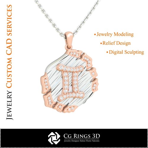 双子座星座吊坠 - 3D CAD 家居, 珠宝 3D CAD, 吊坠 3D CAD, 复古珠宝 3D CAD, 3D 星座吊坠, 3D 复古摩登