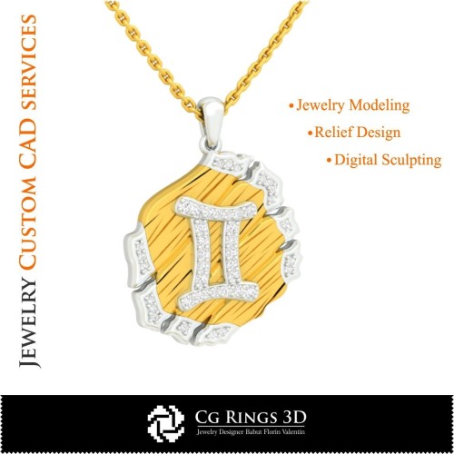 Colgante Zodiaco Géminis - CAD 3D para el hogar, CAD 3D de joyería, CAD 3D de colgantes, CAD 3D de joyería vintage, colgantes