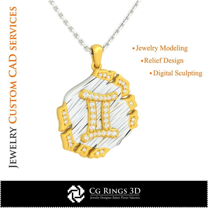 Pendentif Zodiaque Gémeaux - CAO 3D Maison, CAO 3D Bijoux, CAO 3D Pendentifs, CAO 3D Bijoux Vintage, Pendentifs Zodiaque 3D,