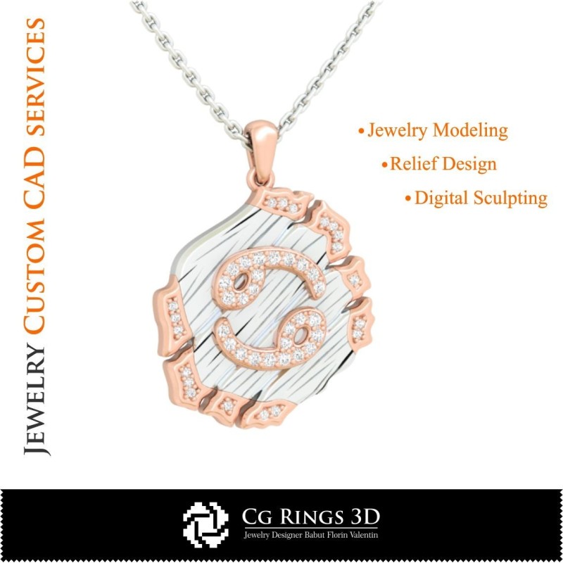 Colgante del signo Cáncer - CAD 3D para el hogar, CAD 3D de joyería, CAD 3D de colgantes, CAD 3D de joyería vintage, colgantes