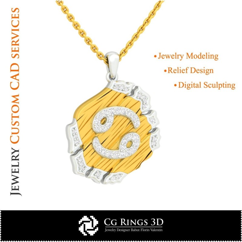 Cancer Zodiac Pendant - 3D CAD Home, Jewelry 3D CAD, Pendants 3D CAD , Vintage Jewelry 3D CAD , 3D Zodiac Pendants, 3D Retro Mo