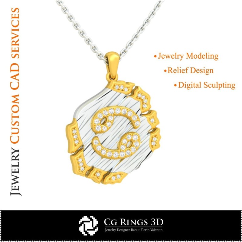 巨蟹座星座吊坠 - 3D CAD 家居, 珠宝 3D CAD, 吊坠 3D CAD, 复古珠宝 3D CAD, 3D 星座吊坠, 3D 复古风