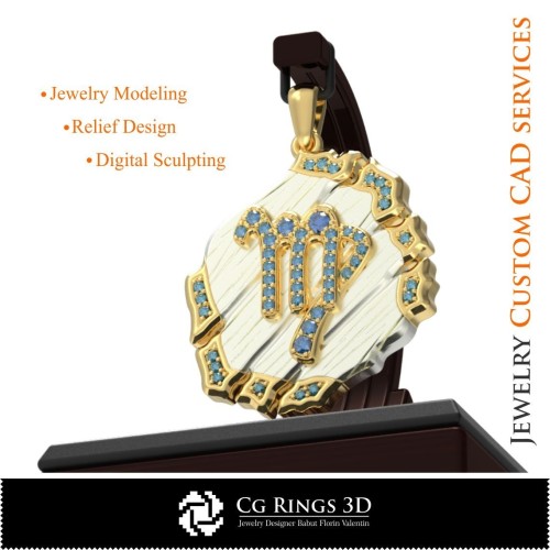 处女座星座吊坠 - 3D CAD 家居, 珠宝 3D CAD, 吊坠 3D CAD, 复古珠宝 3D CAD, 3D 星座吊坠, 3D 复古风格