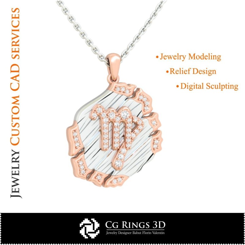 处女座星座吊坠 - 3D CAD 家居, 珠宝 3D CAD, 吊坠 3D CAD, 复古珠宝 3D CAD, 3D 星座吊坠, 3D 复古风格