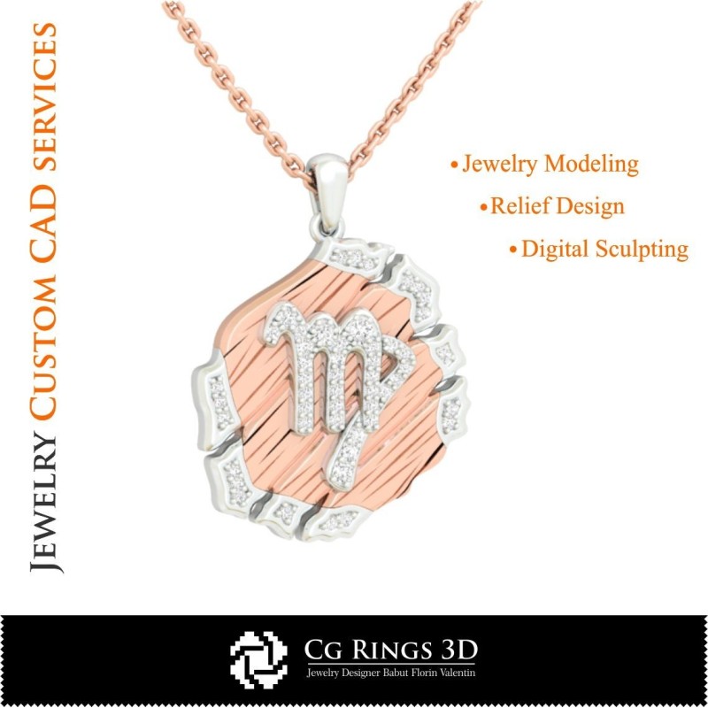 Pendentif Signe Vierge - CAO 3D pour Maison, CAO 3D Bijoux, CAO 3D Pendentifs, CAO 3D Bijoux Vintage, Pendentifs Zodiacaux 3D,
