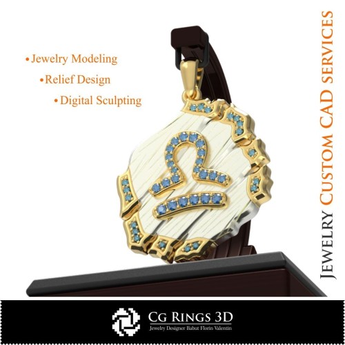 天秤座星座吊坠 - 3D CAD 家居, 珠宝 3D CAD, 吊坠 3D CAD, 复古珠宝 3D CAD, 3D 星座吊坠, 3D 复古风格