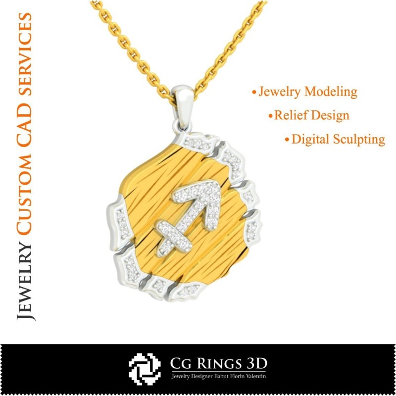 射手座星座吊坠 - 3D CAD 家居, 珠宝 3D CAD, 吊坠 3D CAD, 复古珠宝 3D CAD, 3D 星座吊坠, 3D 复古