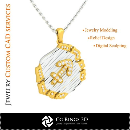 Pendentif Signe du Sagittaire - CAO 3D Maison, CAO 3D Bijoux, CAO 3D Pendentifs, CAO 3D Bijoux Vintage, Pendentifs Zodiaque 3D,