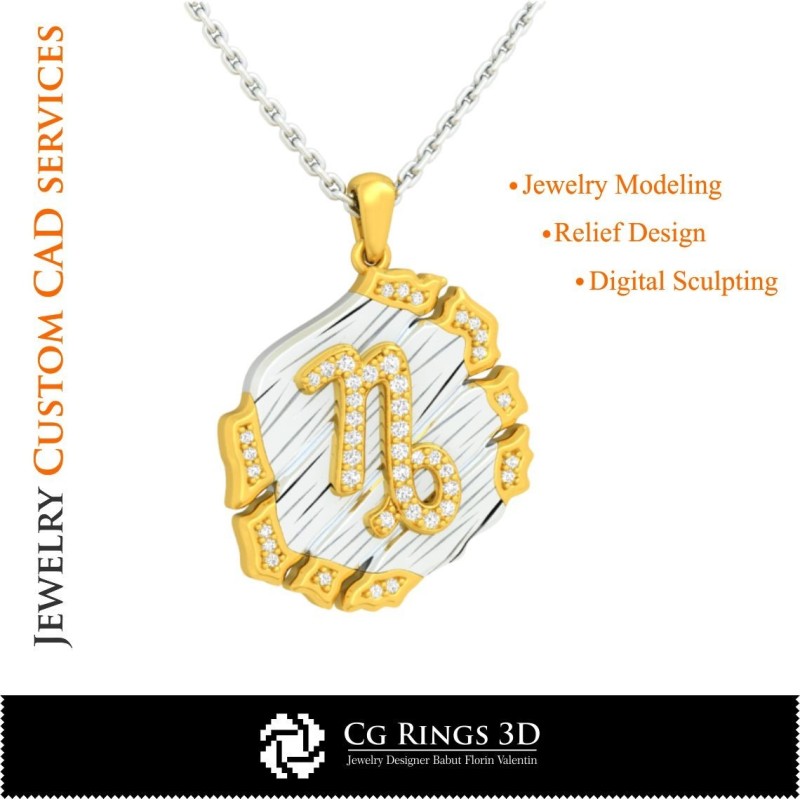 Pendentif Capricorne - CAO 3D Maison, CAO 3D Bijoux, CAO 3D Pendentifs, CAO 3D Bijoux Vintage, Pendentifs du Zodiaque 3D, Rétro
